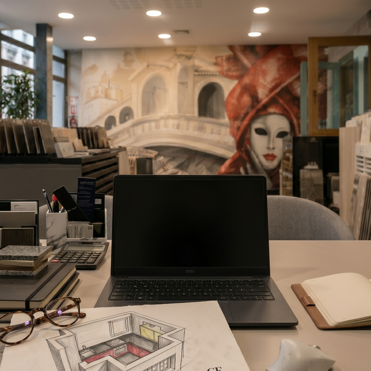 Showroom Intérieur Italien à Paris, échantillons de carrelage en situation